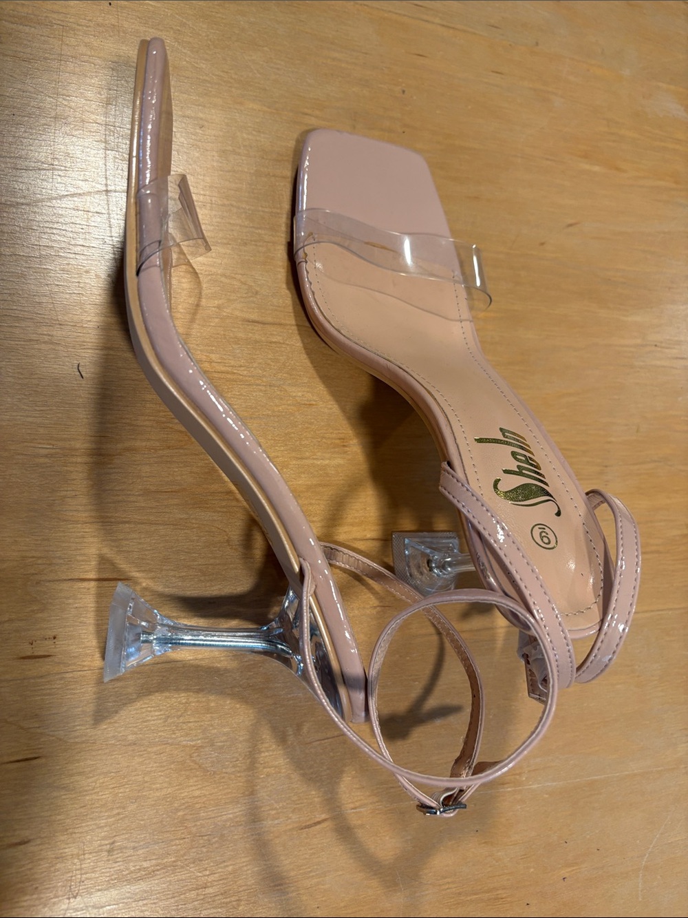 Sheln ~ New! Blush Tan Patent Clear-Strap Stiletto Sandals